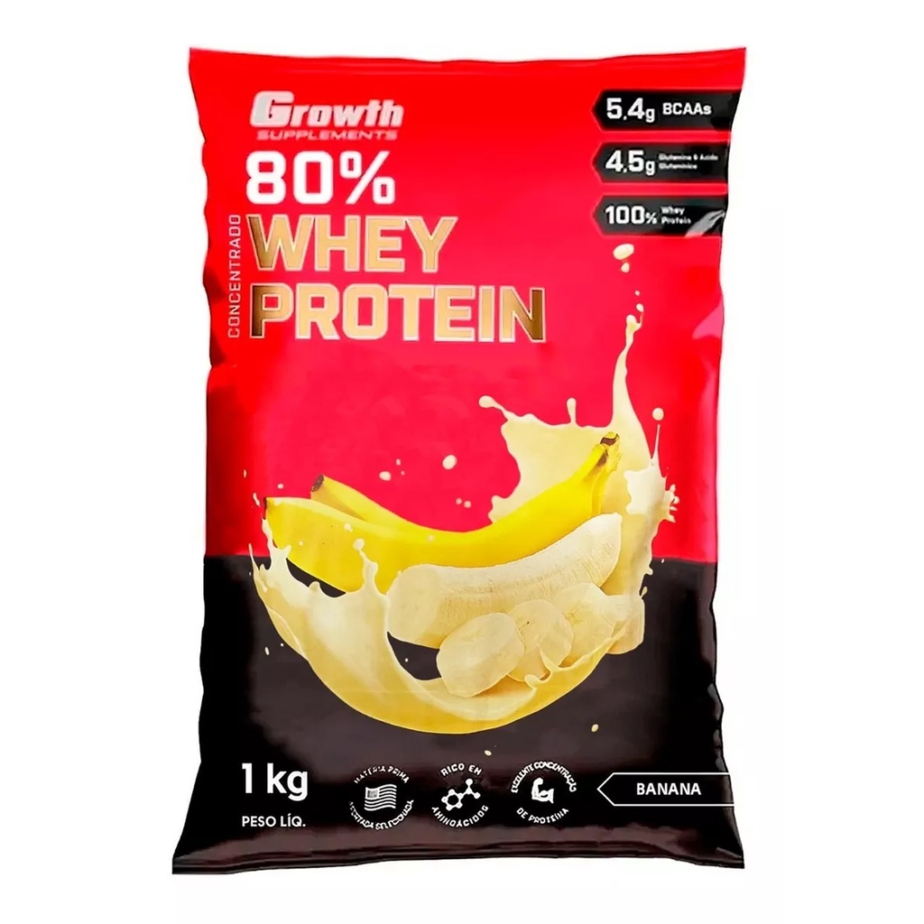Whey Protein Growth Sabor Banana 80% Proteína Concentrado 1Kg Original