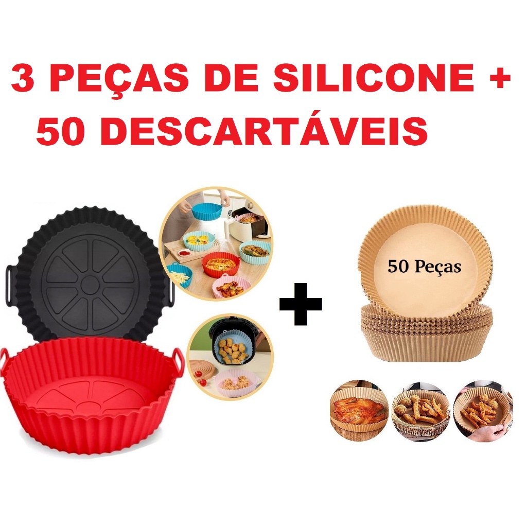 Kit 3 Formas Assadeira Air Fryer Silicone + 50 Formas Descartável Antiaderente Airfryer