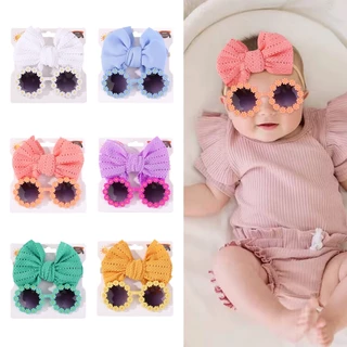 2Pcs Kids Sunglasses Headband Set Baby Unglasses Elástico Nylon Bohemia Beach Óculos De Sol Puff Bow Headwear