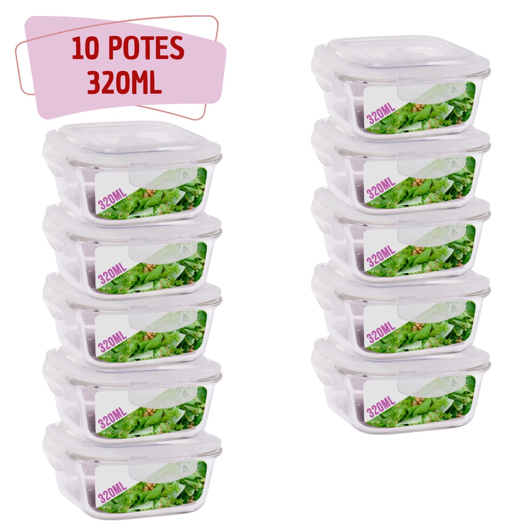 Kit 10 Pote Tampa Hermetica Quadrado de Vidro 320ml Alimento