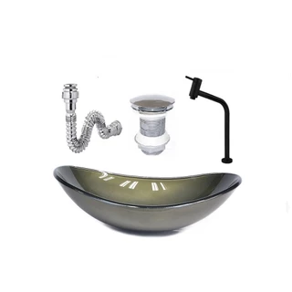 CUBA DE VIDRO OVAL 47CM OURO ENVELHECIDO + VALVULA + TORNEIRA PRETA + SIFAO