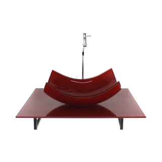 KIT CUBA DE VIDRO RETANGULAR CURVADA COM TAMPO 60CM VERMELHO CEREJA FULL E SUPORTE TORNEIRA VALVULA