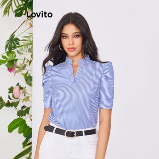 Lovito Blusa Casual Listrada Manga Bufante Feminina LBE02048 (Azul)