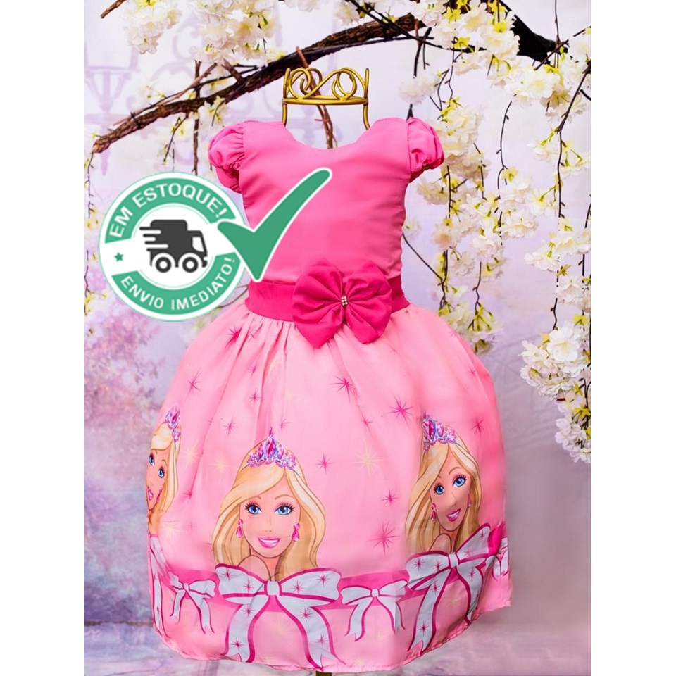 Vestido Infantil Barbie Rosa Pink Brilho Aniversário Temático