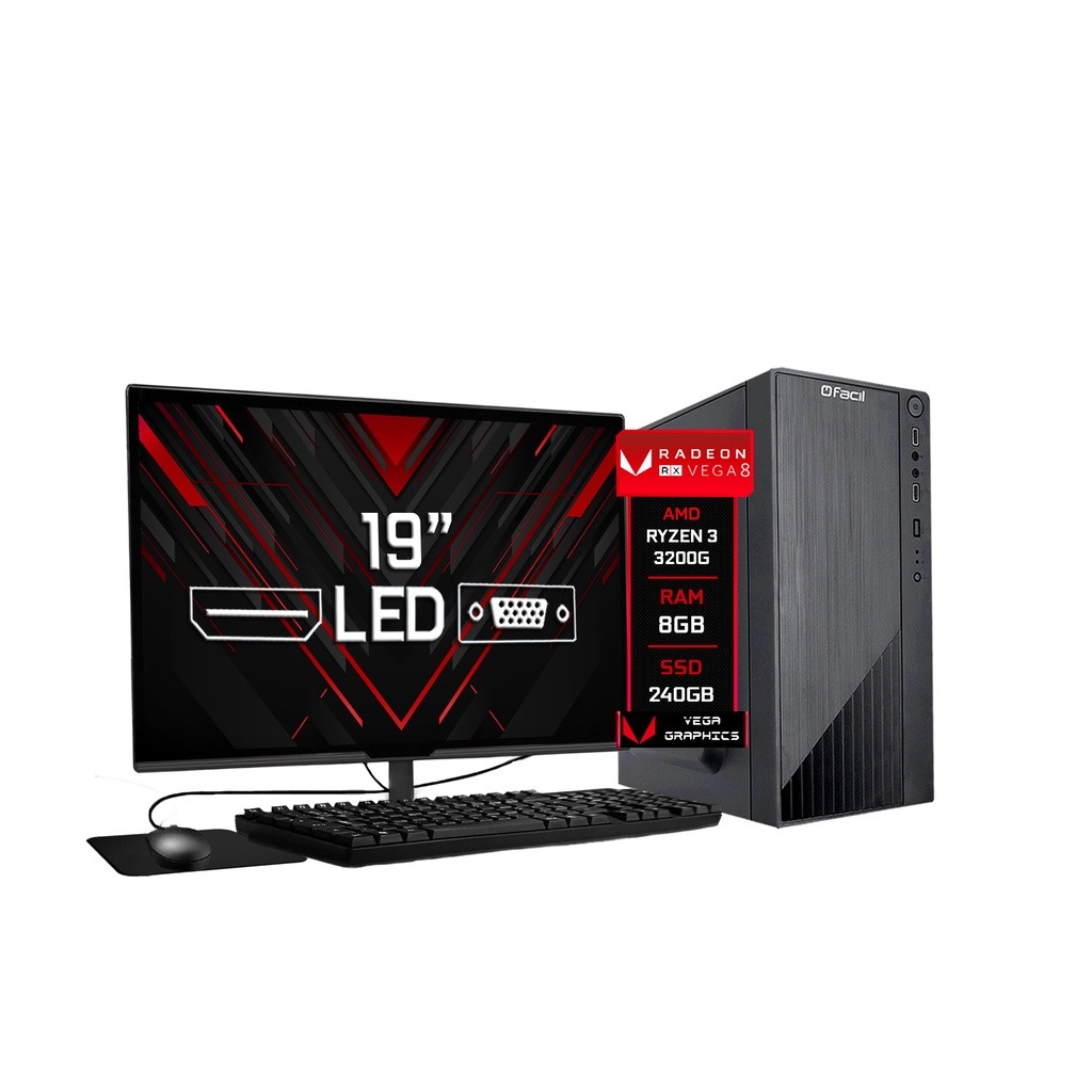 Computador Completo Fácil Amd Ryzen 3 3200G Radeon Vega 8 Graphics 8GB DDR4 3000Mhz SSD 240GB - Monitor 19
