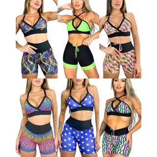 kit Conjuntos ATACADO Short e Top Fitness Academia Cós Alto estampas variadas