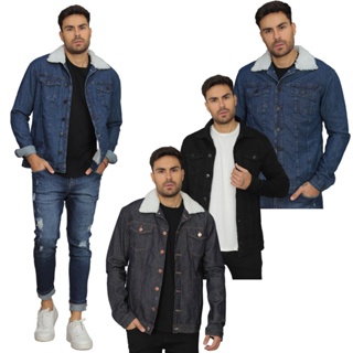 Jaqueta Jeans Masculina Casaco Casual Liso Forrado Pelinho