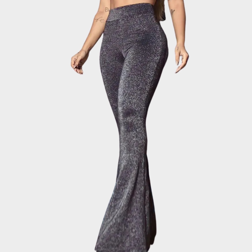 Calça com Brilho Maxi Flare Cintura Alta Brilha Bumbum (Coleção