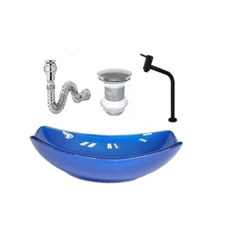 CUBA DE VIDRO OVAL CHANFRADA 46CM AZUL ESCURO + VALVULA + TORNEIRA METAL PRETA + SIFAO
