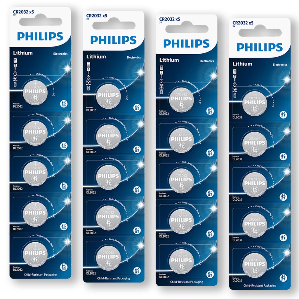 20 Baterias Pilha Tipo Moeda CR2032 3V Philips 4 Cartelas