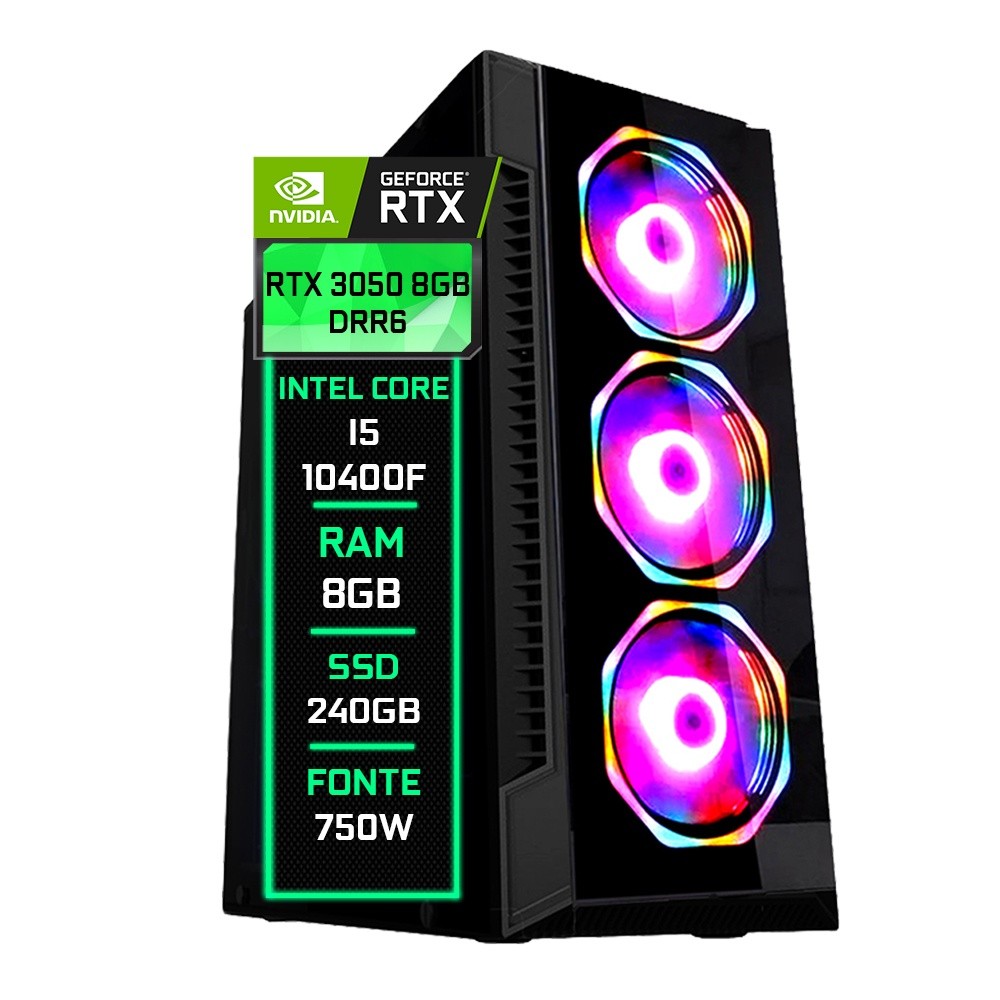 PC Gamer Fácil Intel core I5 10400F ( 10ª Geração) 8GB DDR4 RTX 3050 8GB GDDR6 SSD 240GB - Fonte 750w