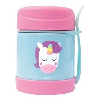 Pote Térmico Unicórnio Infantil Feito Em Aço Inoxidável 320ml Resistente A Impactos Acompanha Talher