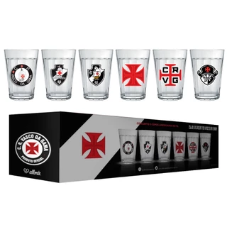 Kit Jogo Conjunto 6 Copos de Vidro Americano Vasco Licenciado 190ml + Luva para presente