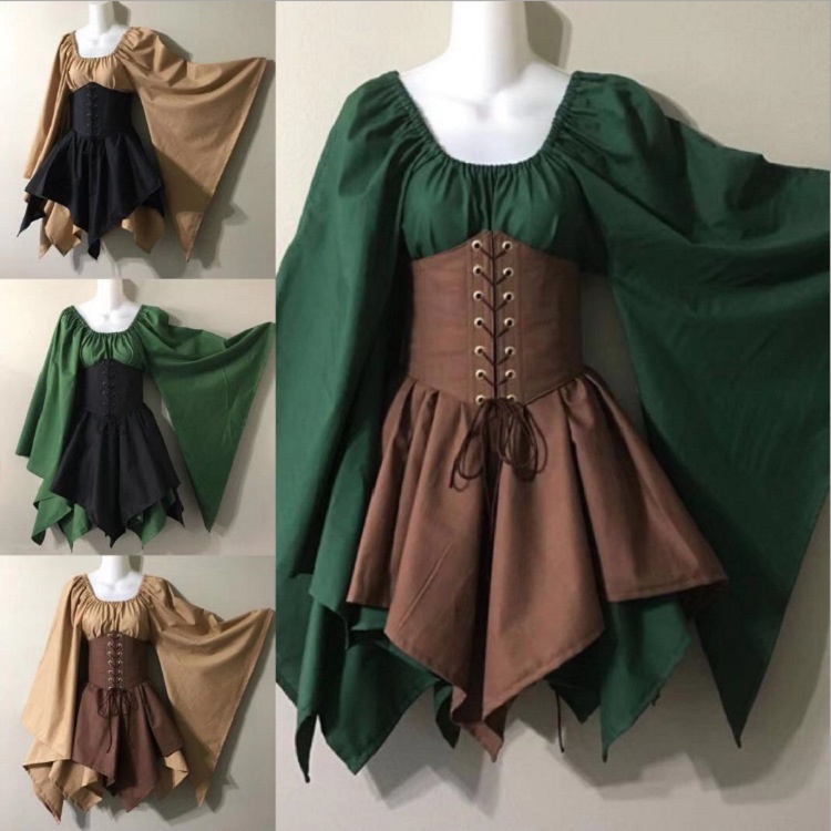 Roupa Medieval Européia Americana de Manga Longa para Mulheres Renascentistas