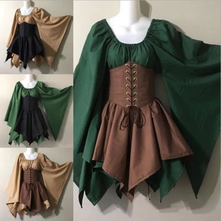Roupa Medieval Européia Americana de Manga Longa para Mulheres Renascentistas