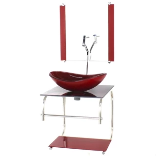 GABINETE DE VIDRO CUBA OVAL 40CM INOX MARMORE AVERMELHADO COM TORNEIRA CROMADA