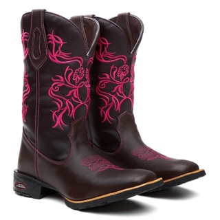 Bota Texana Country Feminina Flores Rosa em Couro