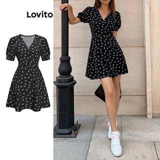 Lovito Vestido Feminino Casual Com Padrão Floral Ditsy L62ED150 (Preto)