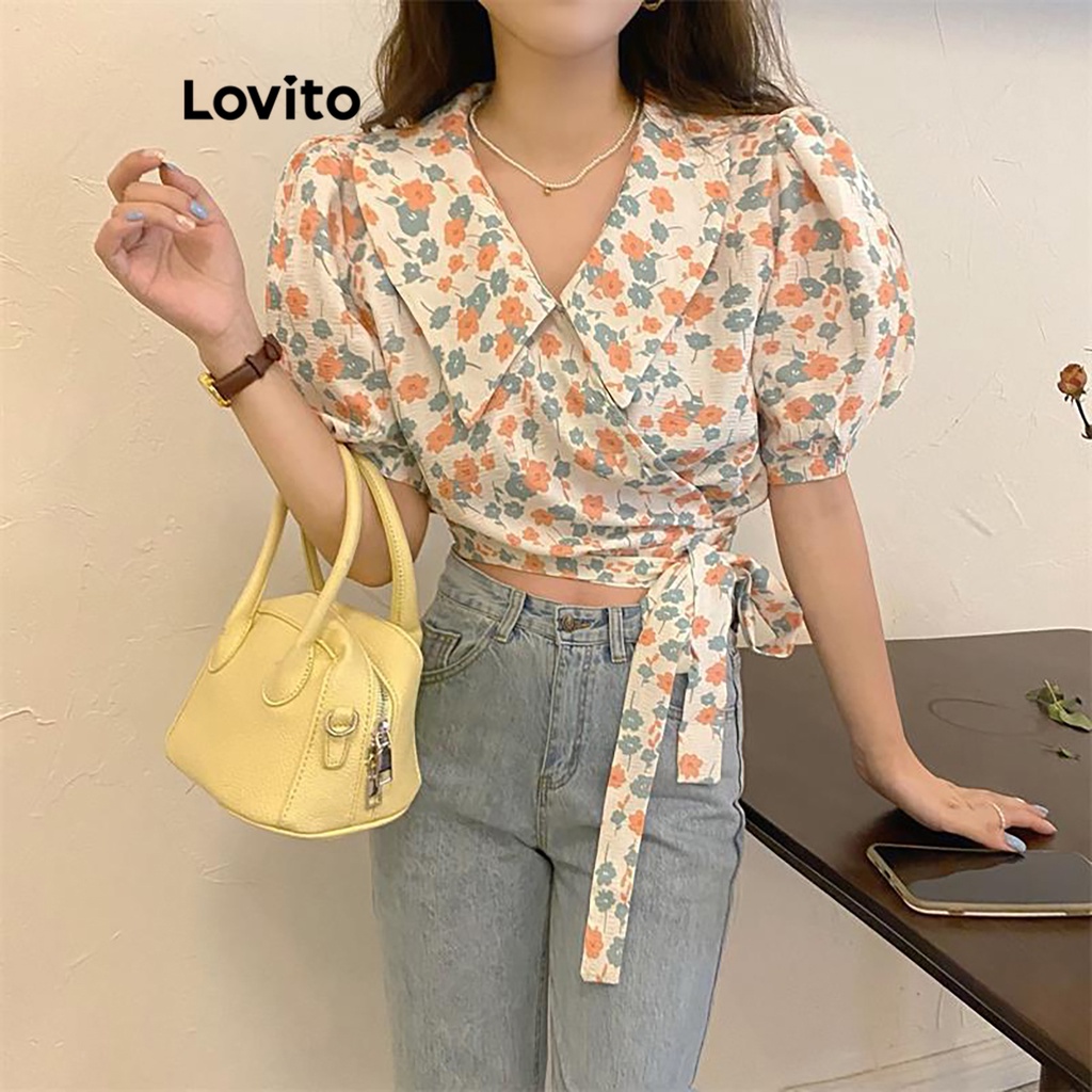 Lovito Blusa com Estampa Floral Pequena e Amarração para Mulheres LNE19085 (Laranja Queimado)