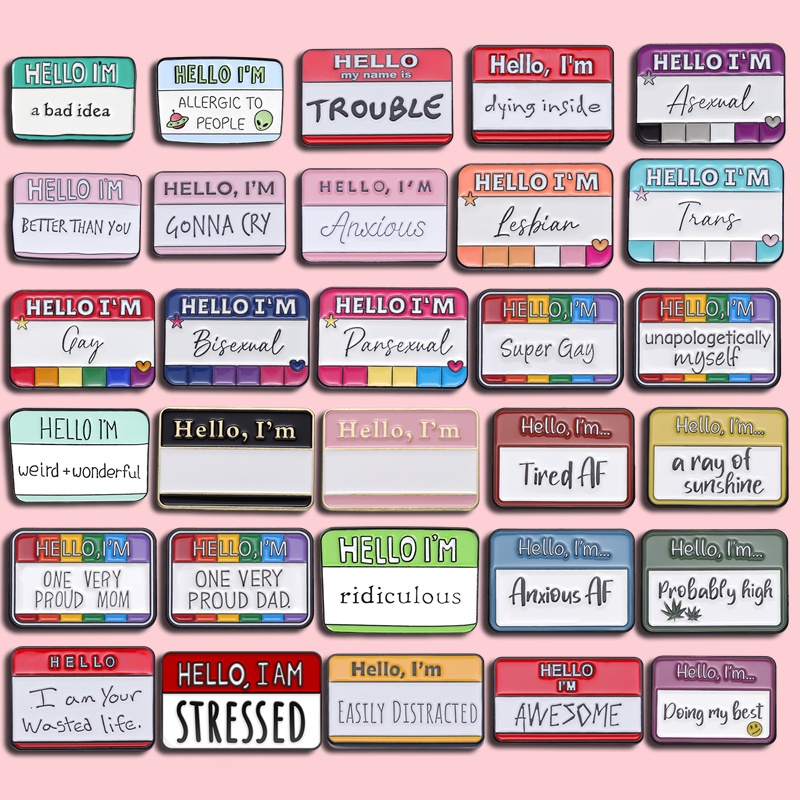 50 Estilos Olá , Eu Sou Broche Esmalte De Pins Cartão De Visita Crachá Acessórios De Metal Presente Venda Por Atacado