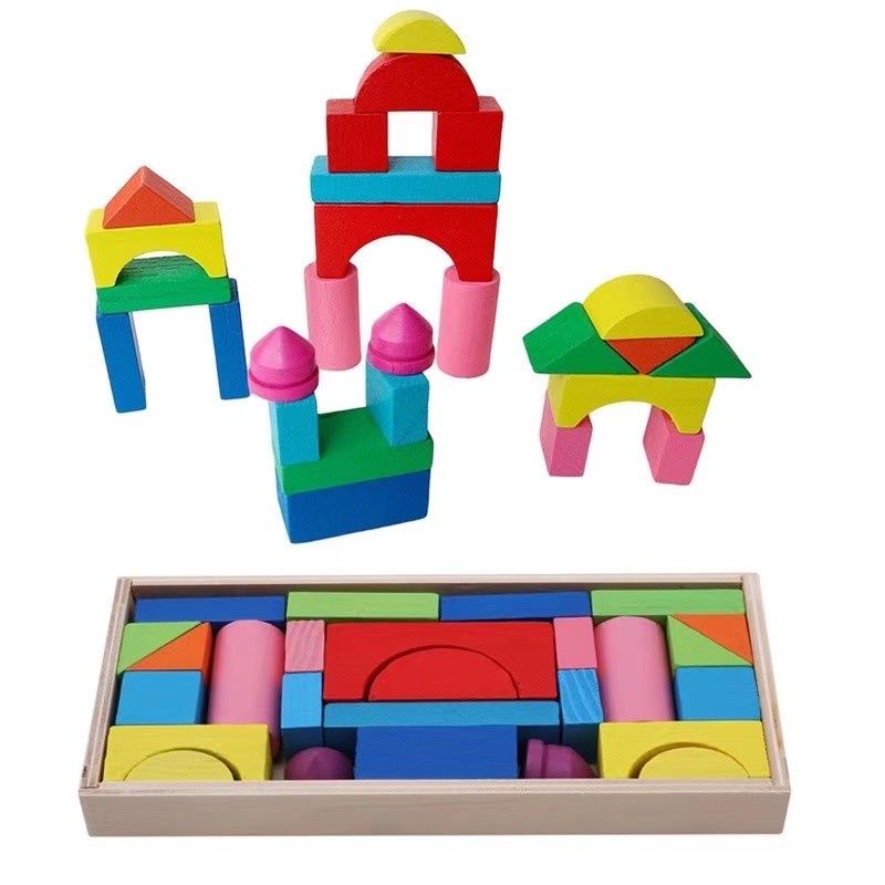 Blocos de Montar de Madeira Multiblocks Colorido 50 Peças Brinquedo  Educativo Brinquedos de Madeira Bambalalão Brinquedos Educativos