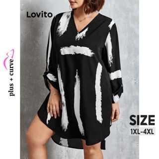Lovito Vestido de Tamanho Plus com Listras e Barra Alta e Baixa para Mulheres LBE02090 (Preto)