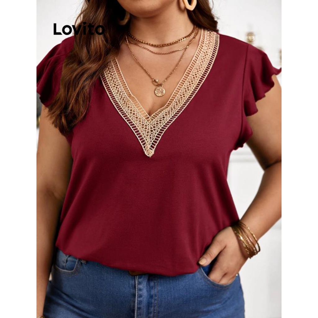 Lovito Camiseta Feminina Plus Size Curva Casual Tecido De Renda Com Costura Contrastante Gola LBE02082 (Borgonha)