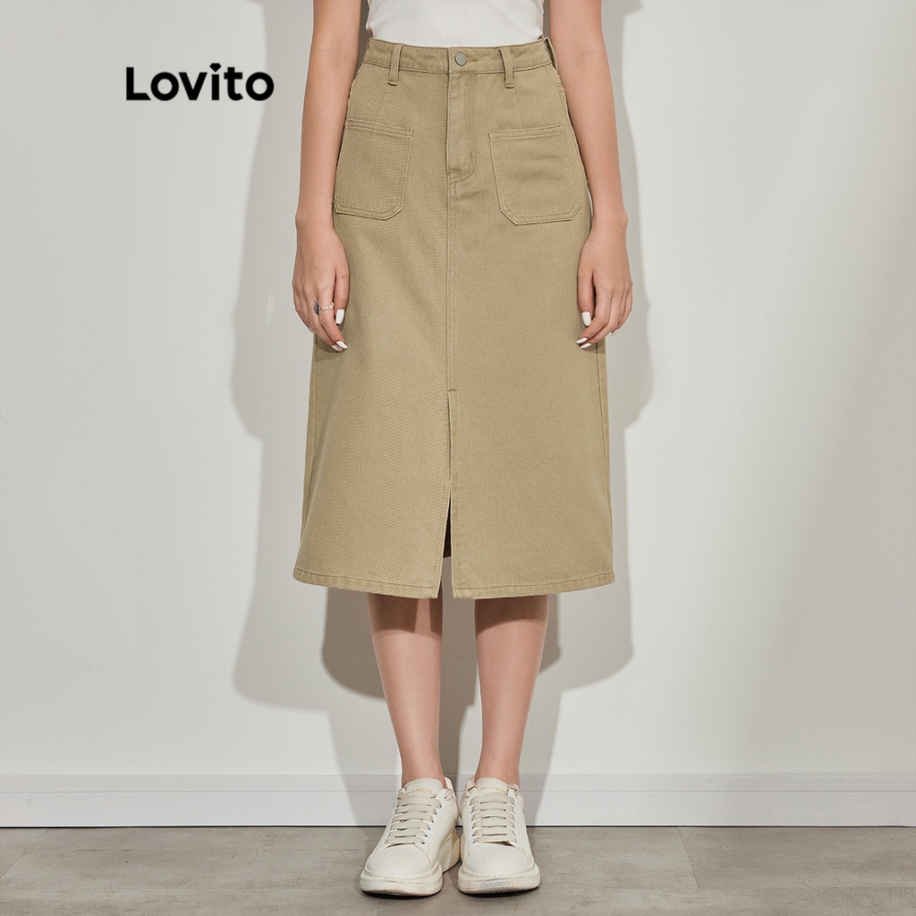 Lovito Casual Plain Split Pocket A linha Mulheres Denim Saia L45ED079 (Khaki)