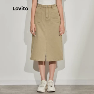 Lovito Casual Plain Split Pocket A linha Mulheres Denim Saia L45ED079 (Khaki)