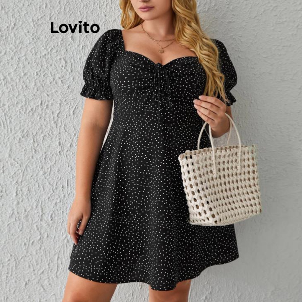 Lovito Vestido Feminino Plus Size Curvo Com Cordão De Bolinhas E Manga Bufante LBE02087 (Preto)