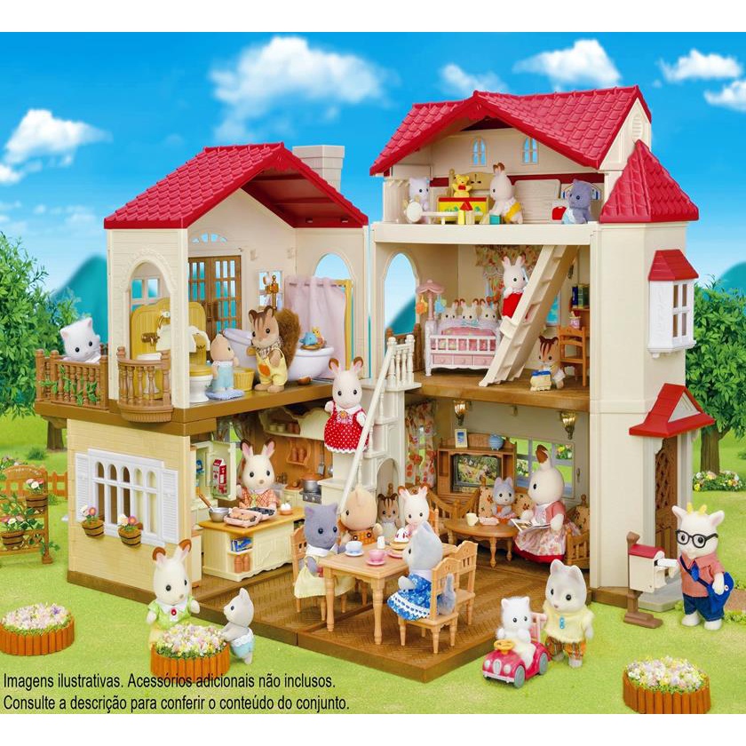 Casa Para Sylvanian Families Telhado Vermelho Com Luzes Contem 22 Pecas Diversao Garantida - Epoch