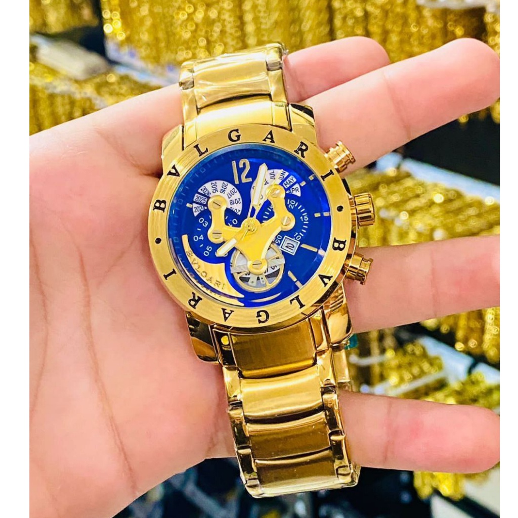 Relógio BVLG Masculino Dourado Prata Aço Inoxidável Banhado á Ouro 18k Luxo Homem