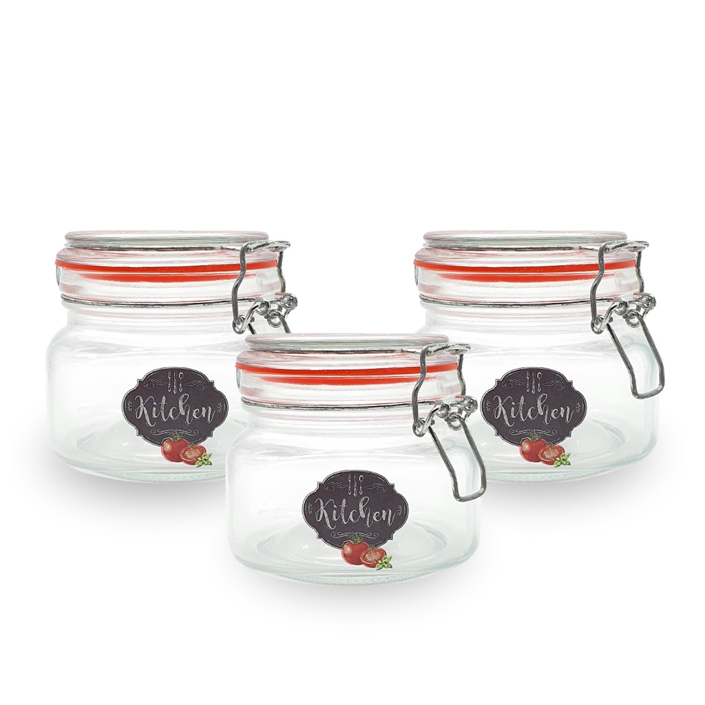 Kit 3 Potes De Vidro Porta Mantimento Café Açúcar Bala Tampa Hermética Kitchen 600 Ml Casambiente