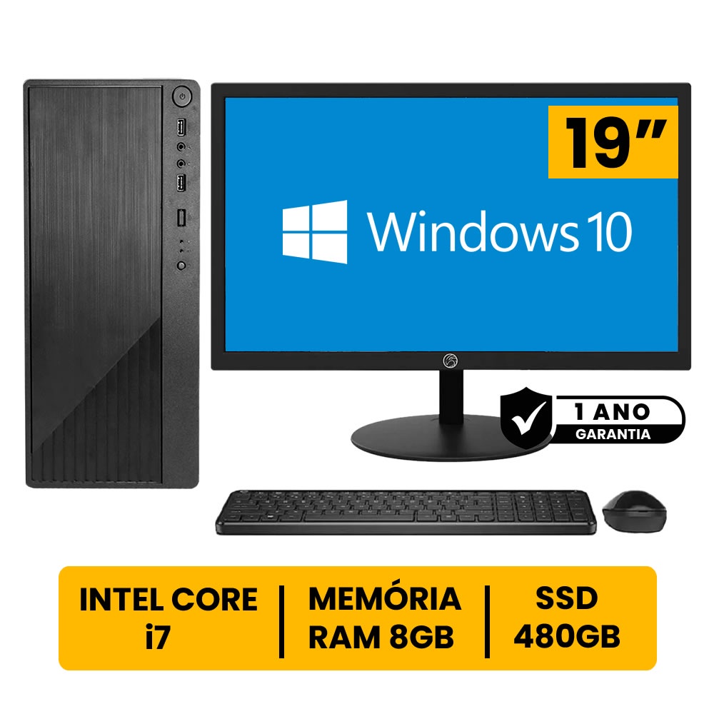 Computador Completo Intel Core I7 8gb Ssd 480gb Monitor Led 19" Hdmi C/ Windows 10