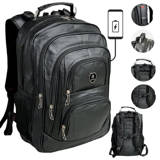 Mochila Notebook de Viagem de Couro Ecológico Reforçada e Resistente a Água com Cabo USB e de Aço