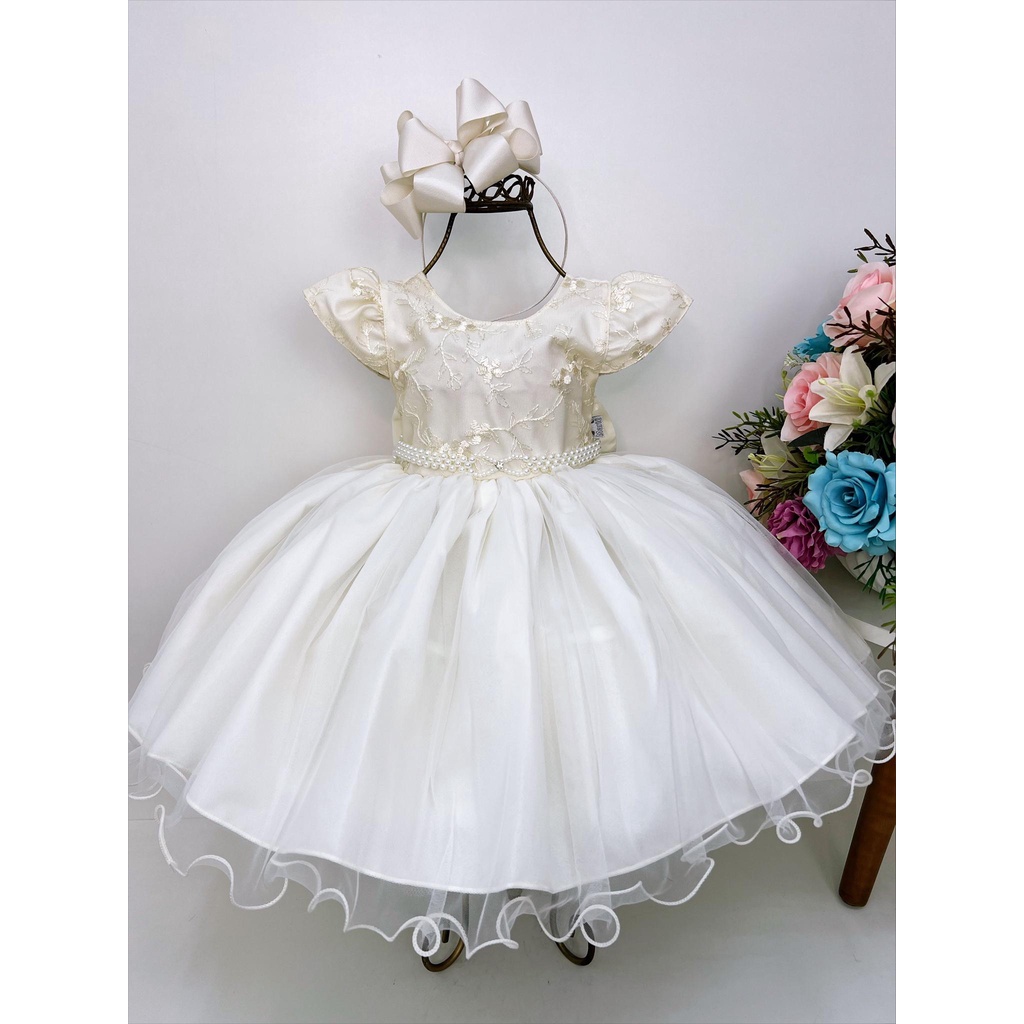 Vestido Bebê Branco Off Perolado Marfim Dama Daminha Florista Casamento ...