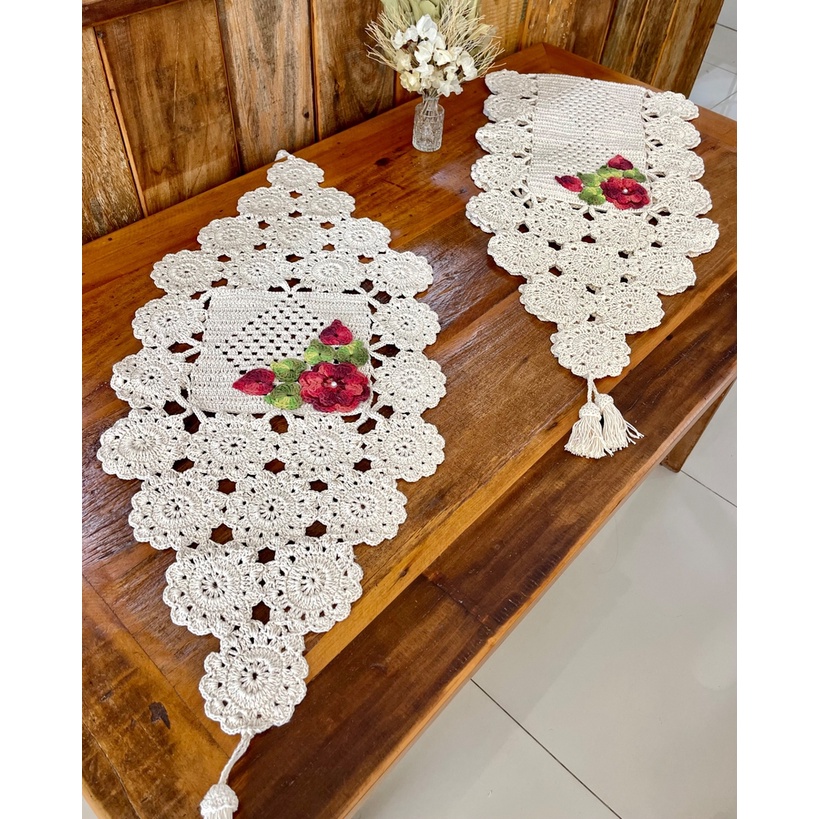 Caminho De Mesa P 1m x 45cm Barbante Fino Bordado Crochê | Shopee Brasil
