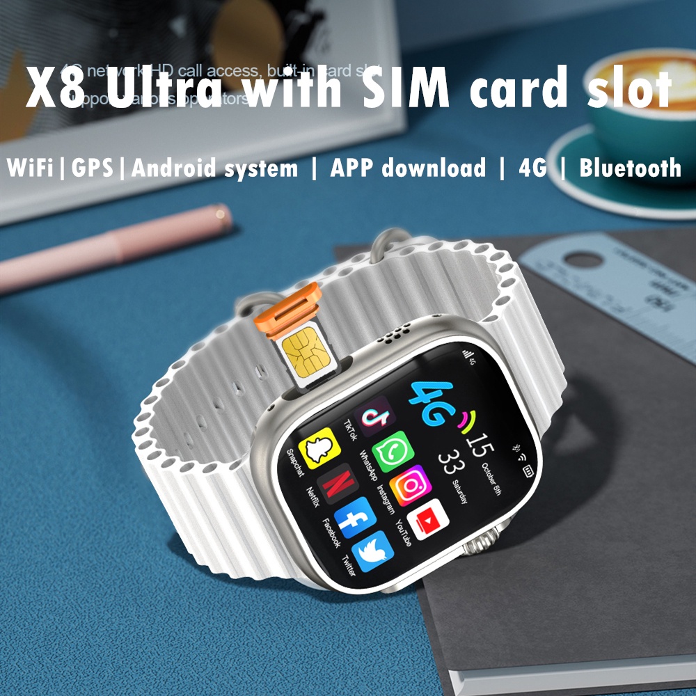 【 SIM Card 】 X8 Ultra Relógio Ultra Smart Watch Com slot Para Cartão 4G Câmera GPS Wifi 4G 64G 49mm Videochamada APP Download Android Homens Mulheres NKWK