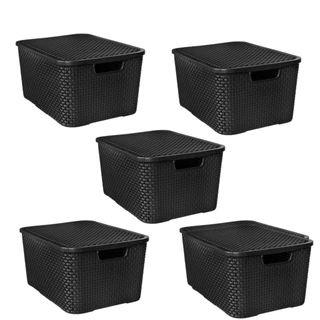 Kit 5 Caixas Organizadoras 20 Litros Rattan Arqplast Com Tampa Cesto Empilhável Multiuso Cesto Organizador de Brinquedos Armário Roupas Sapatos Escritório Escola Aviamentos Personalizados Organizadores Para Casa