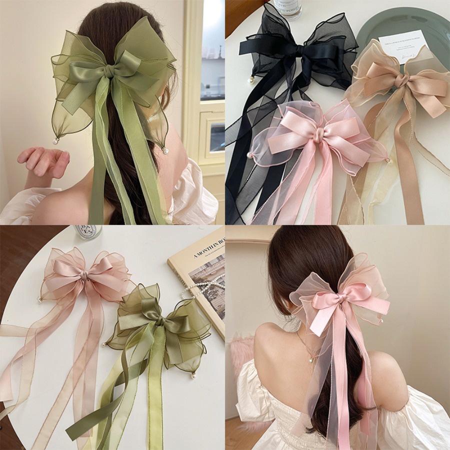 Clip De Cabelo De Malha Coreano Em Laço Pérola Grande Mola Mulher Acessórios Elegante