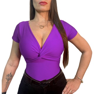 Body Blusa Feminina Manga Curta Decote V Nózinho Social Frente Trançada