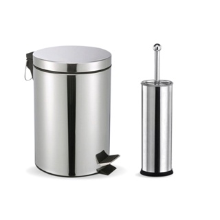 Kit Banheiro Lixeira Aço Inox 5 Litros Com Pedal Cesto Removível + Escova Sanitária Aço Inox 36cm Para Limpeza
