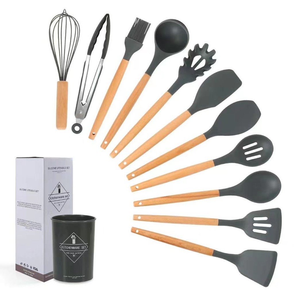 Kit 12 Pecas Utensilios De Cozinha Completo Silicone Cabo Em Madeira Espatula Pegador Concha