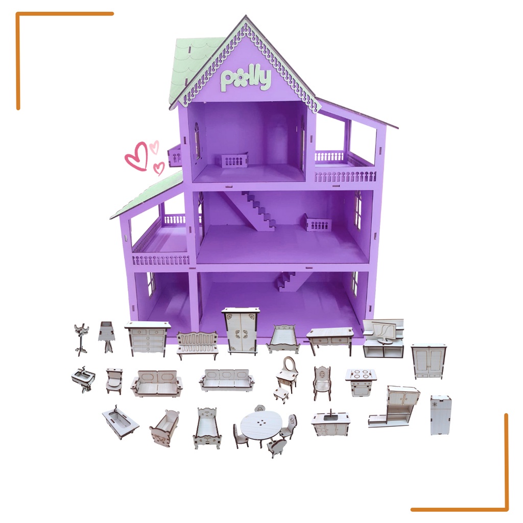 Casa De 60 Cm P/ Bonecas Com 44 Móveis + Nome Da Criança