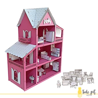 Casa Casinha De Boneca + Kit 30 Moveis Em Mdf Pintado Rosa Polly