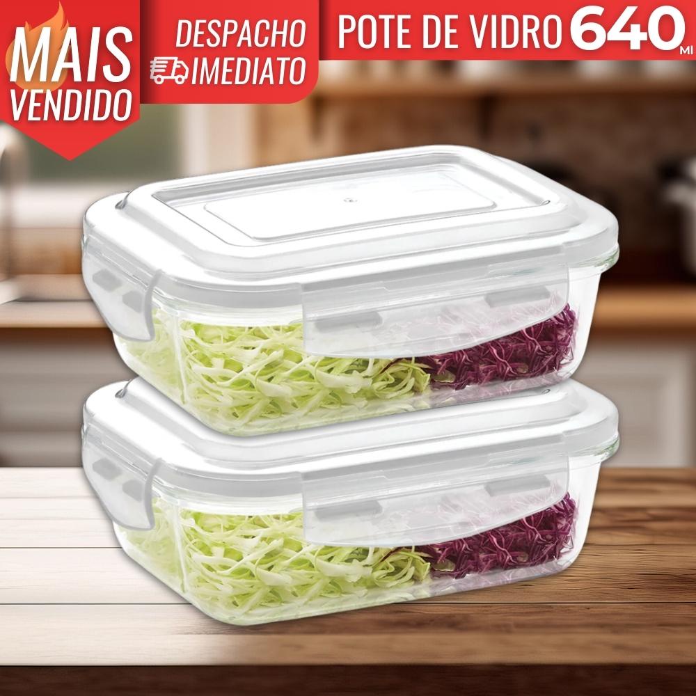 Kit Com 2 Pote Vidro Hermetico Marmita Tampa Plastico 640ml