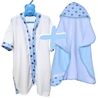 Kit Toalha de Banho Dupla Camada Forrada com Fralda + Roupao de Banho Bebe Infantil com Faixa Todas as Idades Estampado