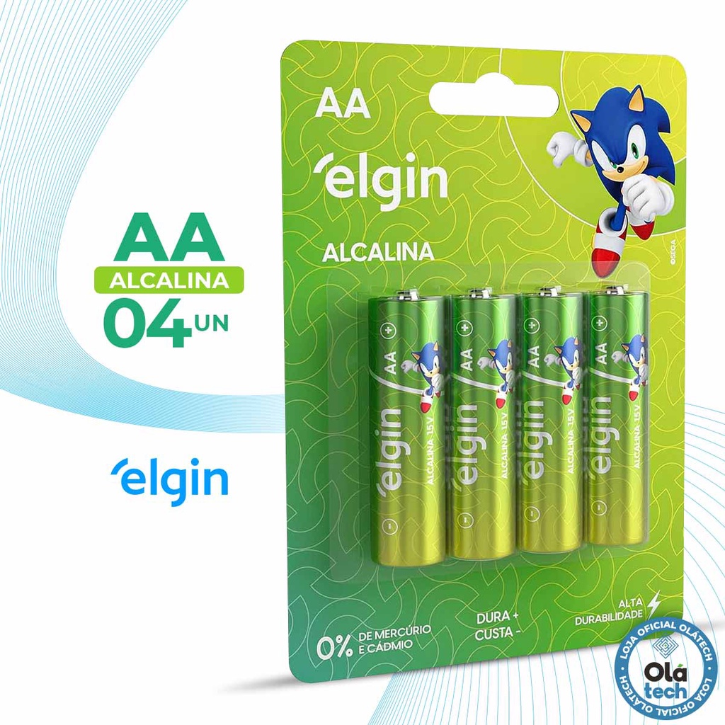 Pilha AA Alcalina 1,5V Elgin Cartela Com 4 Pilhas 1,5 Volts Longa Duração