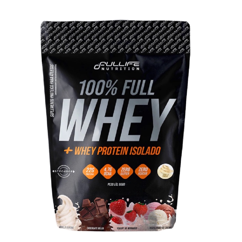 100% FULL WHEY PROTEIN + ISOLADO (900G) FULLIFE – SABOR BAUNILHA