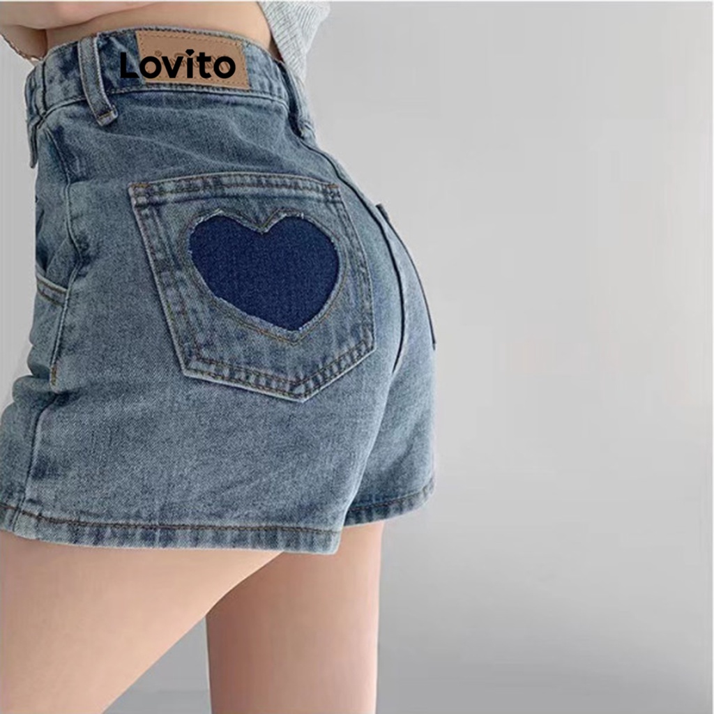 Lovito Shorts Jeans com Estampa de Corações para Mulheres LNE16254 (Azul)